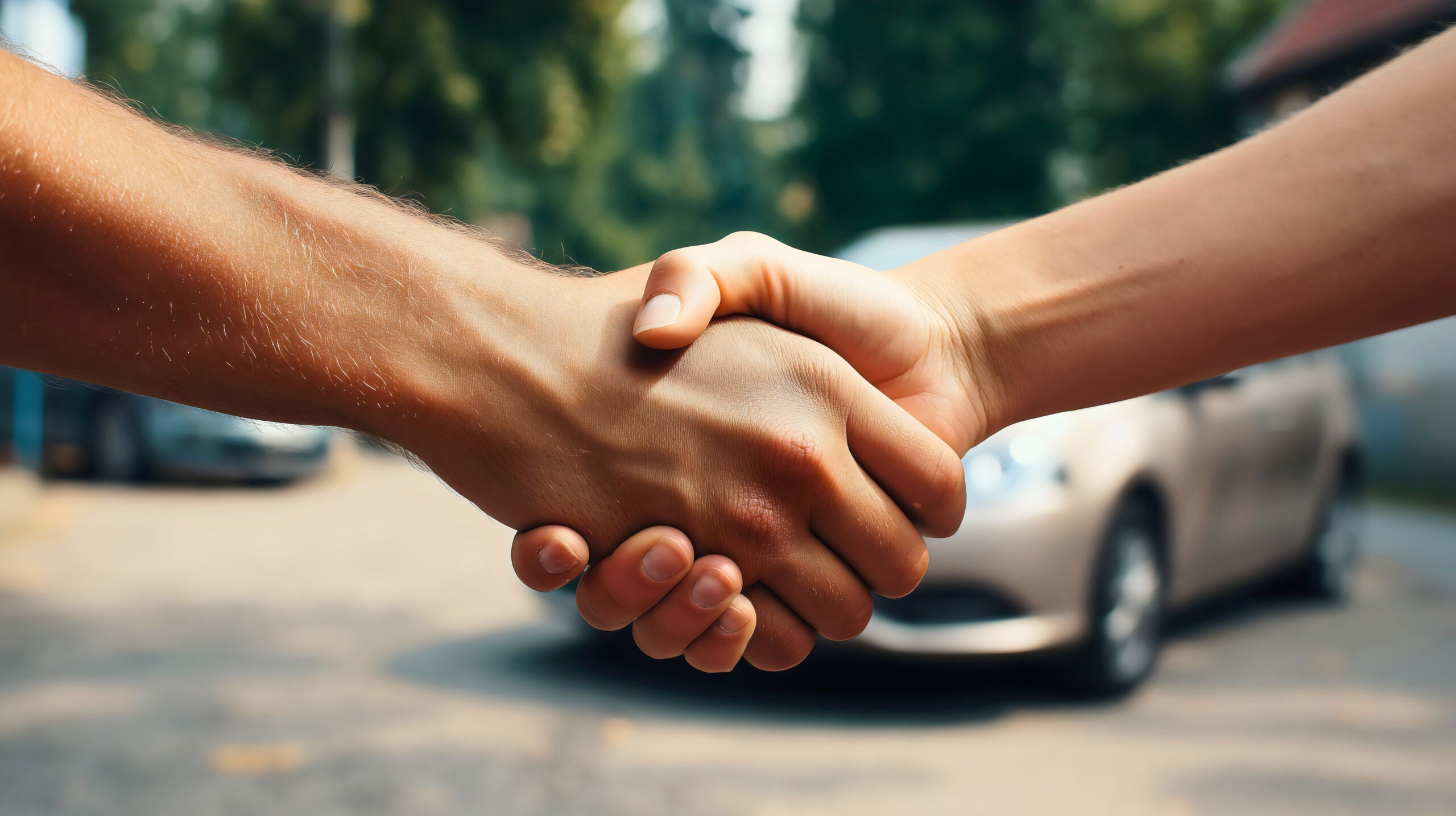 Deux professionnels discutant devant une flotte de véhicules d'entreprise