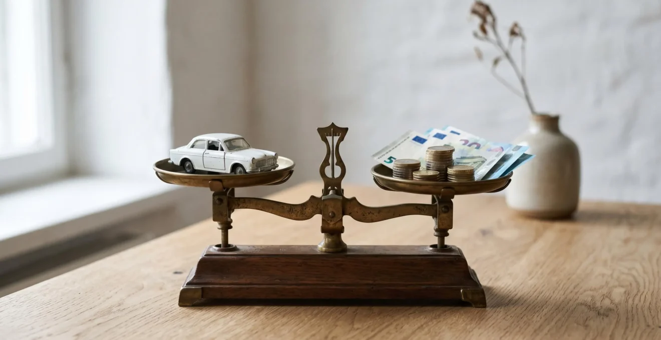 Balance à plateaux en équilibre avec une voiture miniature d'un côté et des pièces de monnaie de l'autre, symbolisant la décision financière entre différentes formules de financement automobile.