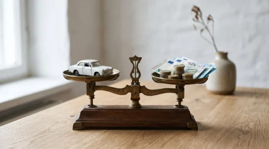 Balance à plateaux en équilibre avec une voiture miniature d'un côté et des pièces de monnaie de l'autre, symbolisant la décision financière entre différentes formules de financement automobile.