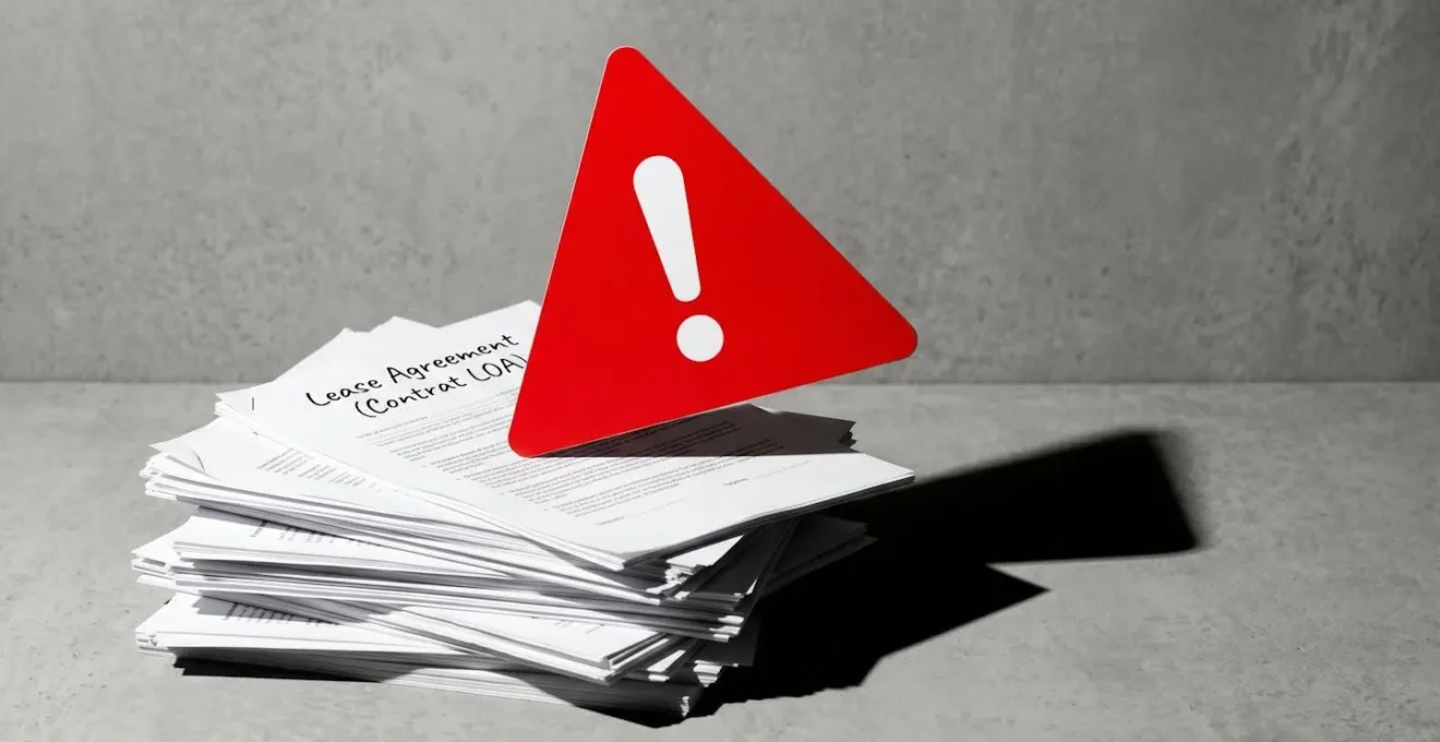Panneau de signalisation d'avertissement rouge posé sur une pile de contrats LOA, symbolisant les pièges et contraintes à anticiper.