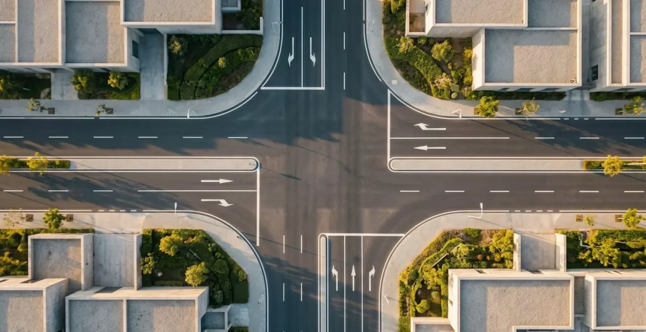 Vue aérienne d'une intersection routière en Y avec trois voies divergentes et marquages blancs, symbolisant les choix d'extension de garantie selon le profil conducteur