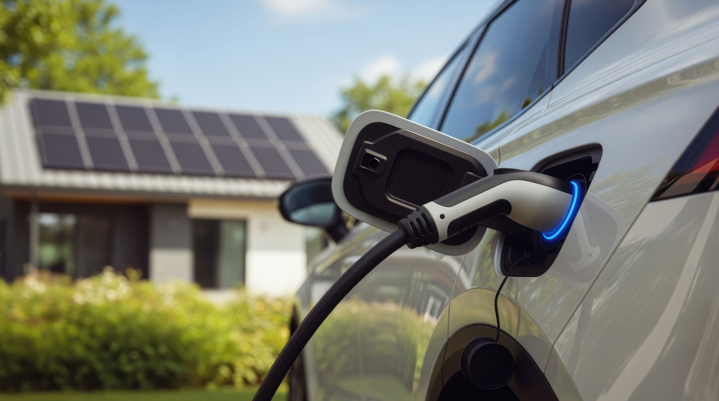 Véhicule hybride Toyota en charge sur borne domestique dans garage résidentiel français, câble de recharge connecté