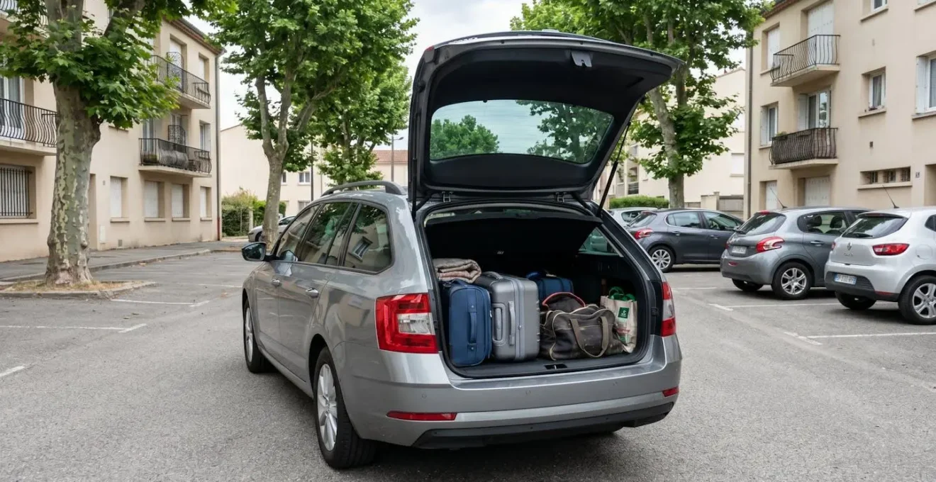 Coffre ouvert d'une Škoda Octavia break grise avec bagages familiaux, illustrant le volume de chargement en contexte résidentiel français