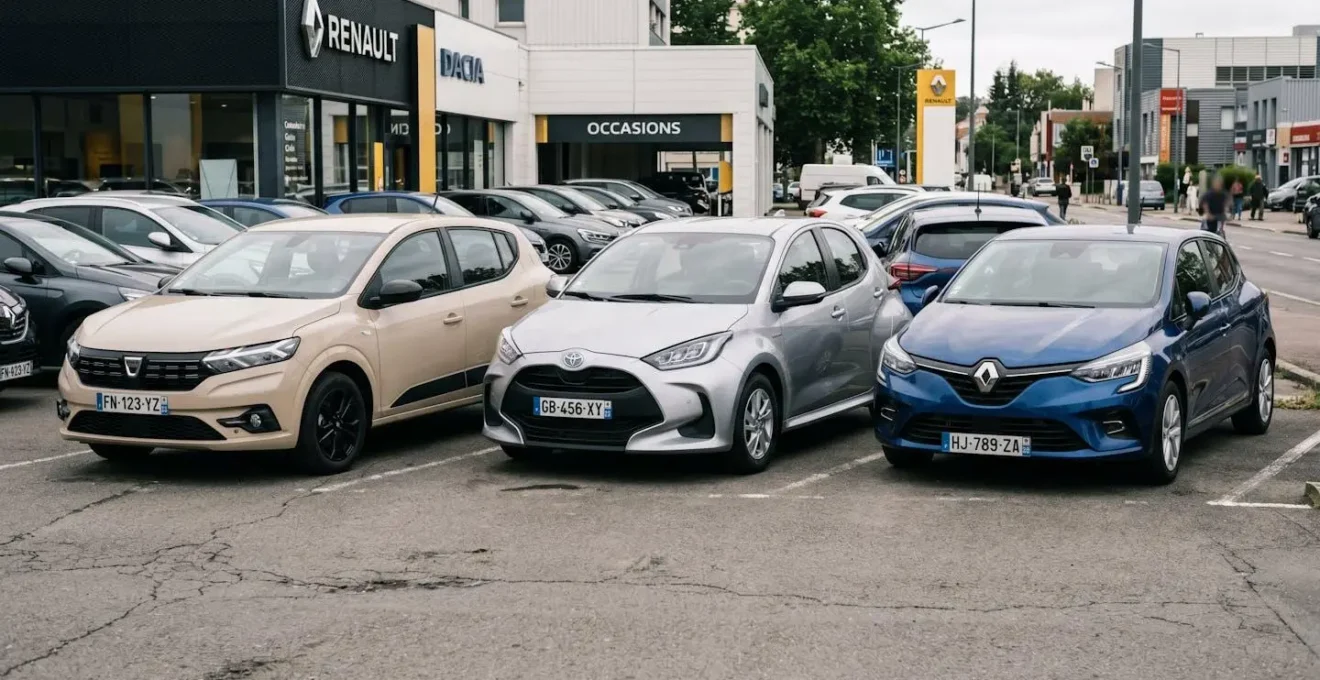 Trois citadines économiques alignées - Dacia Sandero beige, Toyota Yaris grise et Renault Clio bleue - sur un parking de concession française