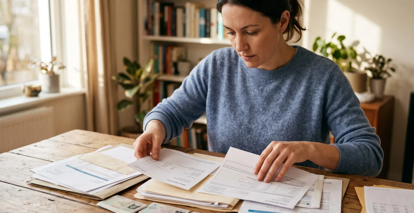 Une personne organise des documents administratifs sur une table pour préparer son dossier de demande de prêt auto écologique, incluant bulletins de salaire et relevés bancaires